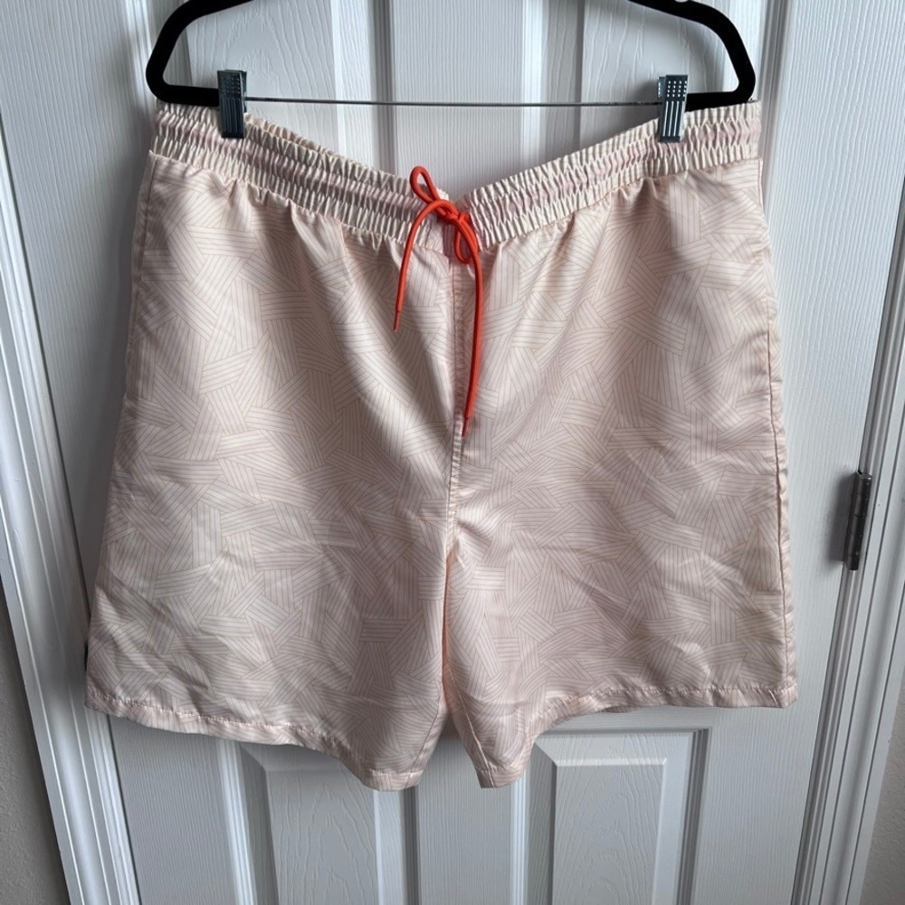 Marvel Mens XL Swim Trunks Cream Tan Geometric Abstract‎ Print Orange Drawstring